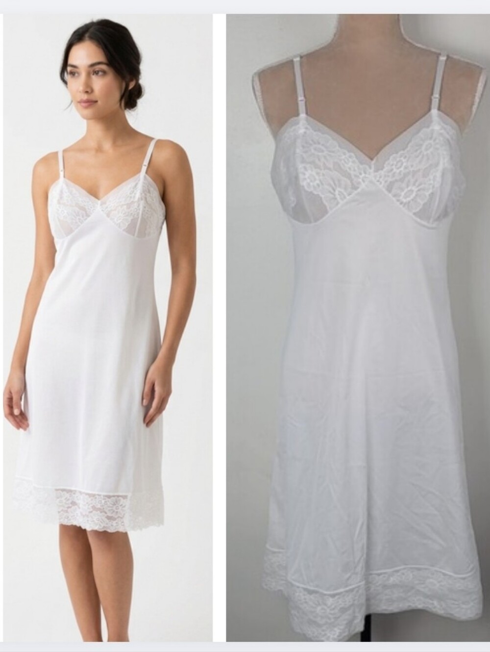 Vintage 70's  Vanity Fair Ivory White Nylon Lace Trim 24" Full Slip Dress 38